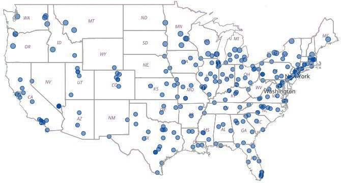 Map of the United States with circles on the location of campus-based master's in communication programs